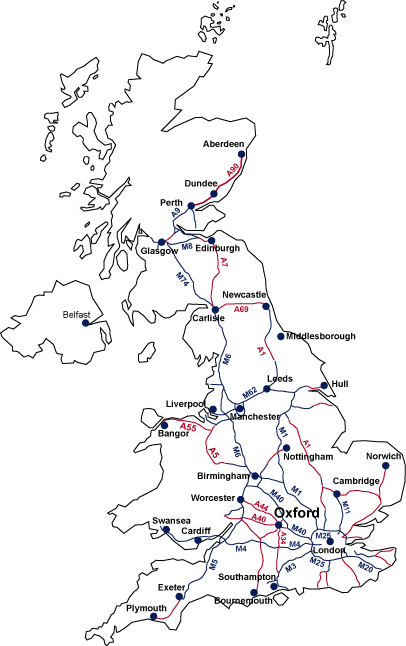 Map of UK showing position and main routes to Oxford