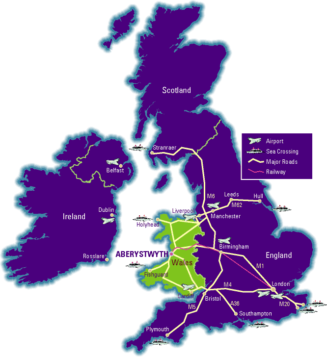 A map showing the position of Aberystwyth in relation to the rest of Wales, the English North and Midlands, and London.