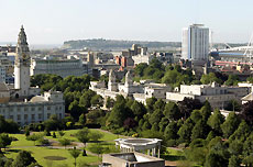 Civic centre, Millennium Stadium and Cardiff Bay in city skyline