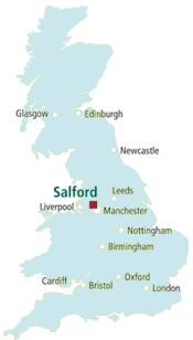 UK map, showing Salford's location just next to Manchester, in the North-West of England