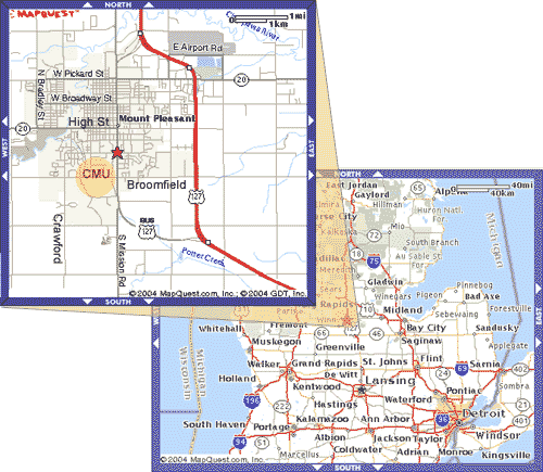 partial MI state map showing major roads leading to Mt. Pleasant
