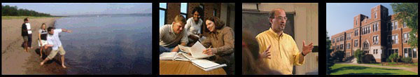 Four images: UW - Superior students on the shore of Lake Superior; UW - Superior students studying; a professor in the classroom; Old Main office and classroom building